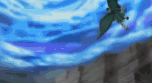 a person is flying through a blue sky with a green wing