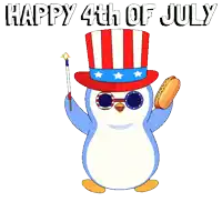 a penguin in an uncle sam hat holding a hot dog