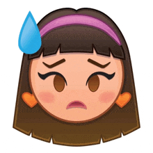 a cartoon girl with brown hair and a purple headband has a blue tear on her forehead