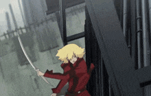 a cartoon character is holding a sword in his right hand