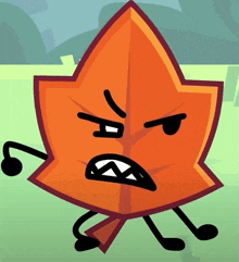 a cartoon leaf with arms and legs has an angry look on its face