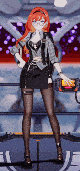a girl with red hair and glasses is standing in front of a robot
