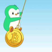 a penguin is holding a gold coin with a b on it