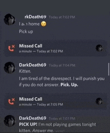 a screenshot of a conversation between dark death 69 and missed call