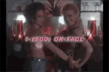 a couple of people standing next to each other with a sign that says 1-800 on face