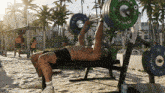 a man is lifting a barbell on a bench that has gainz on it