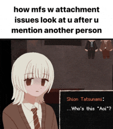 a girl with white hair is talking to shion tatsunami who is this " aoi "