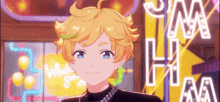 a boy with yellow hair and blue eyes is standing in front of a neon sign that says jam jam .
