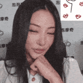 a woman with her eyes closed and a drawing of red lips on her face