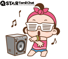 a cartoon of a girl singing into a microphone with the words star tamil chat behind her
