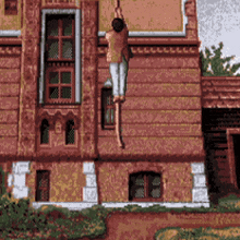 a pixel art of a person hanging from a rope
