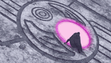 a man in a black cape is standing in a circle with a pink circle in the middle