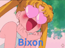 a girl wearing heart shaped sunglasses with the name bixon written in blue