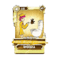a card with a girl standing next to a toilet says umbrella