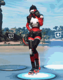 a video game character is standing on a blue platform with a cross in the background