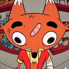 a cartoon fox with a bandage on his forehead