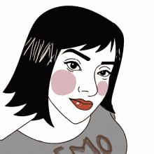 a drawing of a woman with curly hair and a blue shirt
