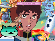 a collage of cartoon characters including a cat and a rocket with the words stupid and gay on the bottom