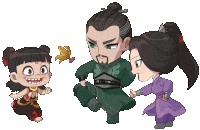 a cartoon drawing of a man in a green kimono standing next to a girl in a purple dress