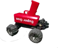 a red toy truck with the word super gun on the side