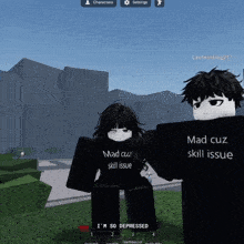 a girl wearing a shirt that says mad cuz skill issue