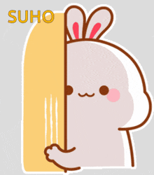 a sticker of a bunny with the word suho on the bottom