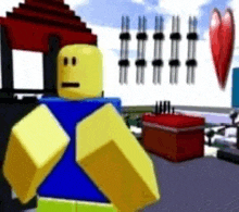 a yellow and blue roblox character is standing in front of a red heart in a video game .