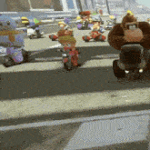 a bunch of cartoon characters riding motorcycles on a street