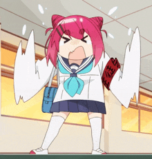 a cartoon girl with pink hair and a red armband that says ' i 'm sorry '
