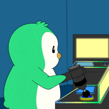 a cartoon penguin is playing an arcade game with a drill
