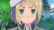 a girl with green eyes and a purple hat