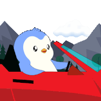 a cartoon penguin is driving a red car