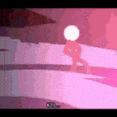 a cartoon character is walking on a pink surface with a white ball in the background .