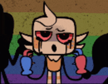 a cartoon character with red eyes and a horn is holding a pair of gloves