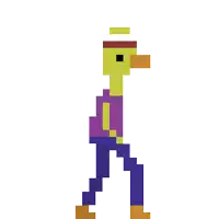 a pixel art of a yellow duck wearing a purple shirt and purple pants .