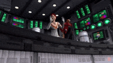 a woman in a white dress is standing in a room with a lot of monitors and a man in a red shirt