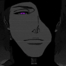 a close up of a person 's face with purple eyes and a hat .