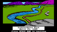 a computer screen shows a river and mountains and says independence rock april 15 1848