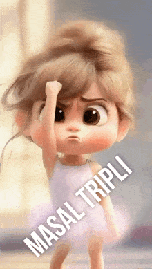 a cartoon girl is holding her fist in the air with the words masal tripli written below her