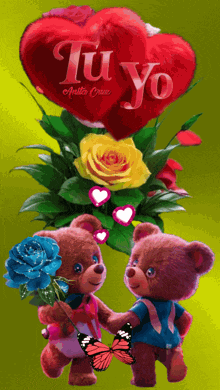 two teddy bears holding hands under a heart that says " tu yo "