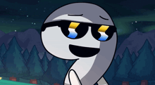a cartoon character wearing sunglasses and a smile