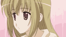 a close up of a blonde anime girl 's face with a pink background