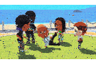 a group of cartoon characters are standing around a man with a face painted on his face