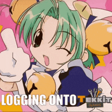 a girl with green hair is giving a thumbs up and the words logging onto tekkit classic