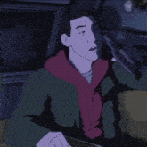 a man in a green jacket is drinking from a glass