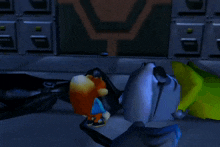 a video game character named crash bandicoot is laying down