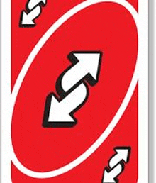 the back of a red uno card with two white arrows .