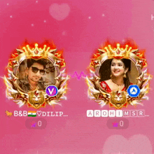 a man and a woman are standing next to each other on a pink background .
