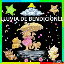 a picture of a girl holding an umbrella with the words " lluvia de bendiciones " on it