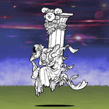 a drawing of a statue with a cat on it